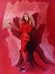 Lily Rabe in a red blouse and red skirt standing against a vibrant painted backdrop for Schon Magazine