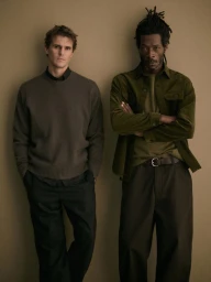 Two male models standing against a neutral studio backdrop wearing dark menswear apparel for Massimo Dutti REMEMBRANCE project