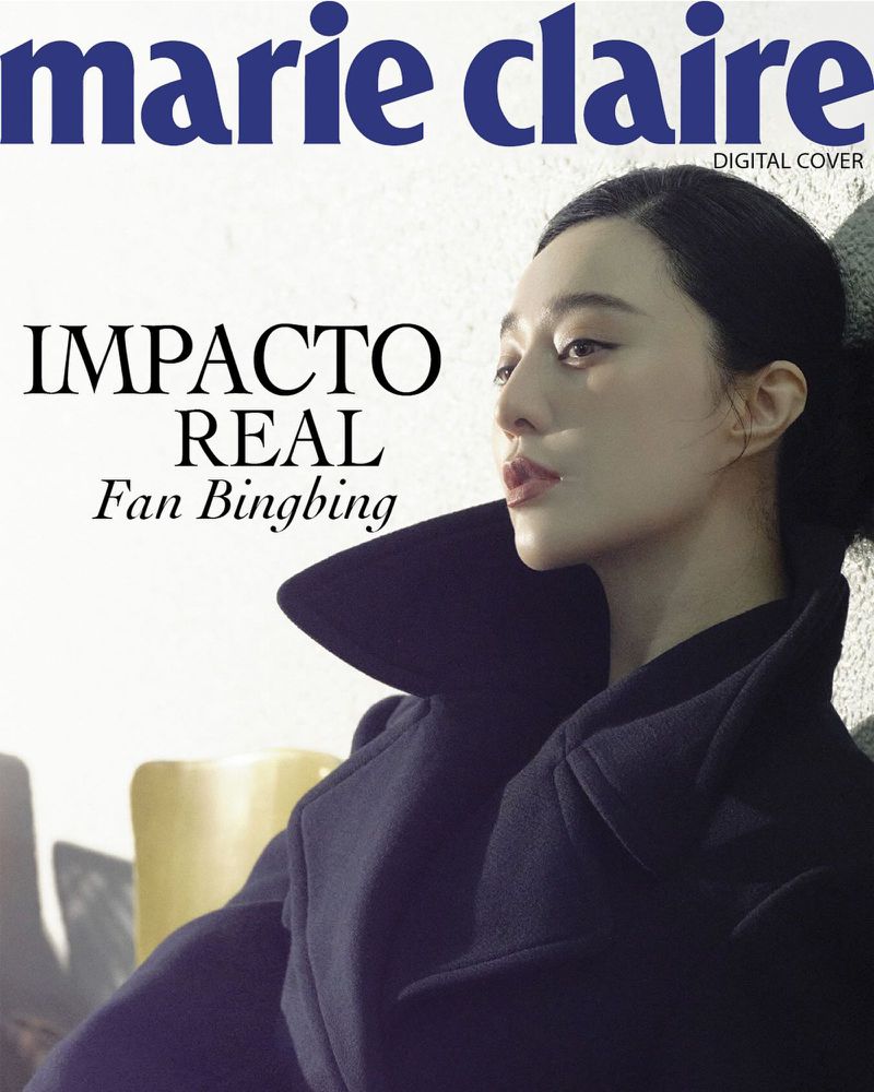 Magazine cover featuring Fan Bingbing in a stylish black coat, with the 'Marie Claire' logo and 'IMPACTO REAL' text overlayed.