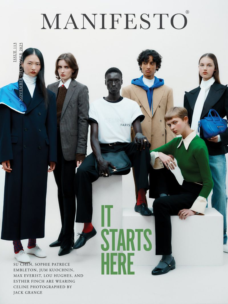 Group of six fashion models in studio, wearing fall-toned apparel with a range of expressions for Manifesto magazine, photographed by Jack Grange.