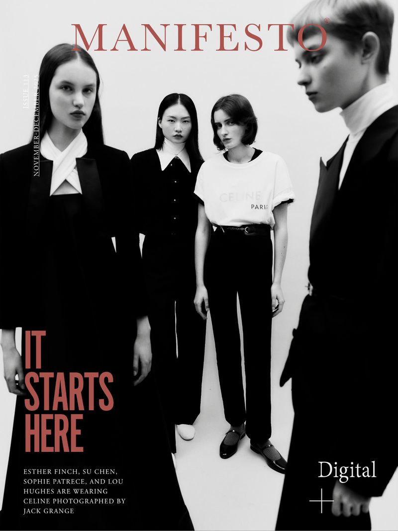 Editorial fashion shot with four women in black and white attire against a light backdrop, highlighting modern minimalist style.