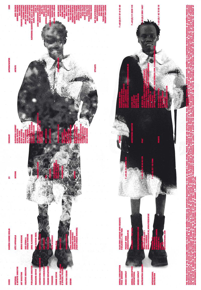 Two figures in digitally manipulated studio portrait fashion editorial with red text overlays and white background. Black and white colour scheme.