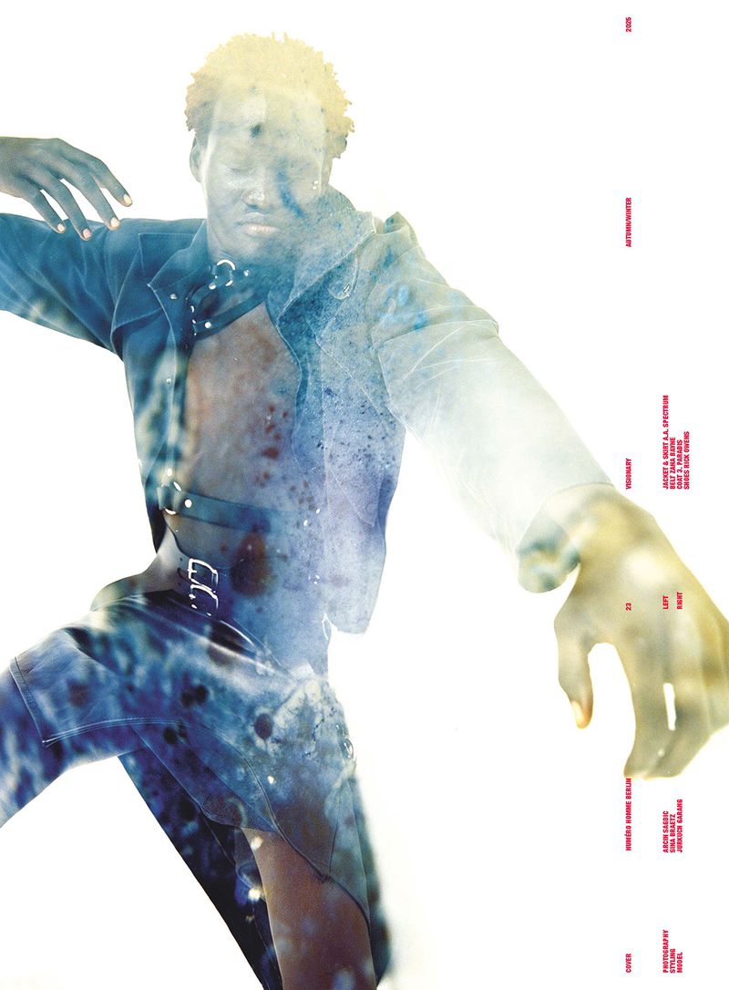 Black male model poses with a digitally added texture overlay and red text on a white background in a fashion editorial style image.