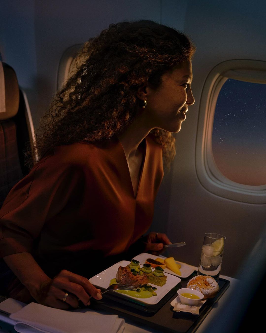 Woman enjoys gourmet meal with drink on airplane at night, looking out the window at stars and sky.