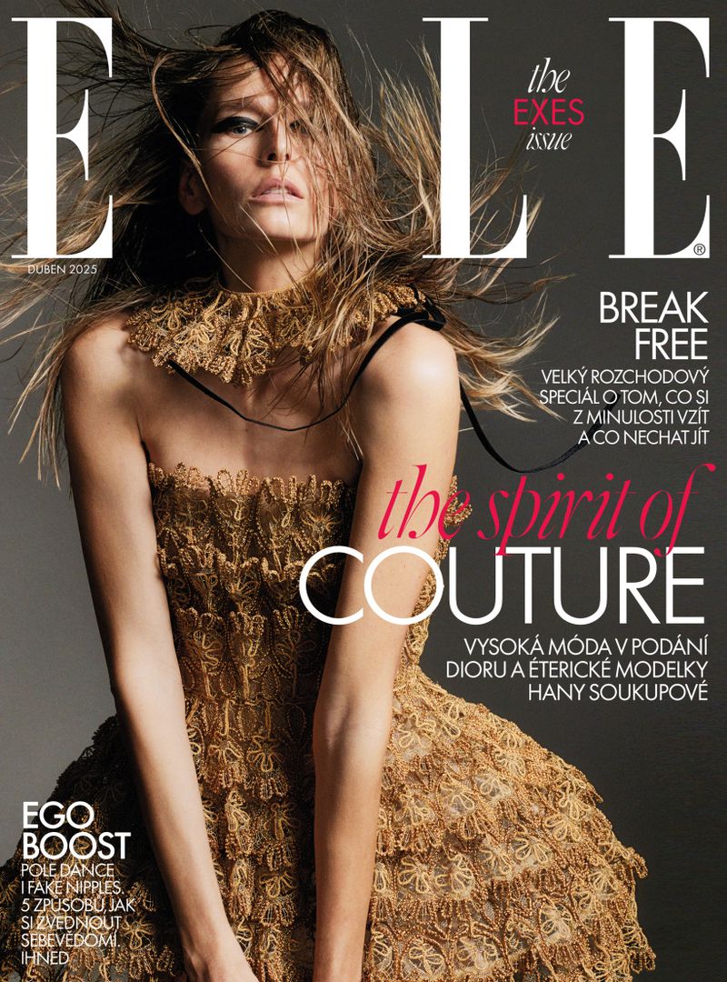 Elle magazine cover featuring a blond female model in a textured gold dress, wind-blown hair, and bold magazine typography.