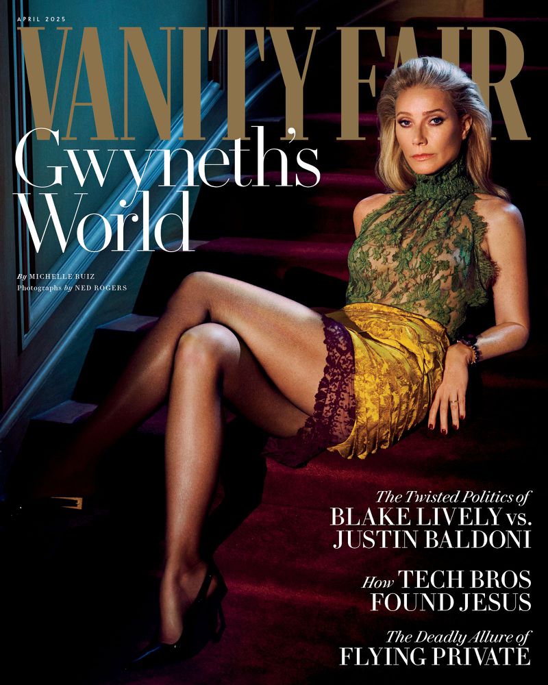 Vanity Fair cover featuring Gwyneth Paltrow in a green lace top and gold skirt, seated on a red staircase with Vanity Fair masthead.