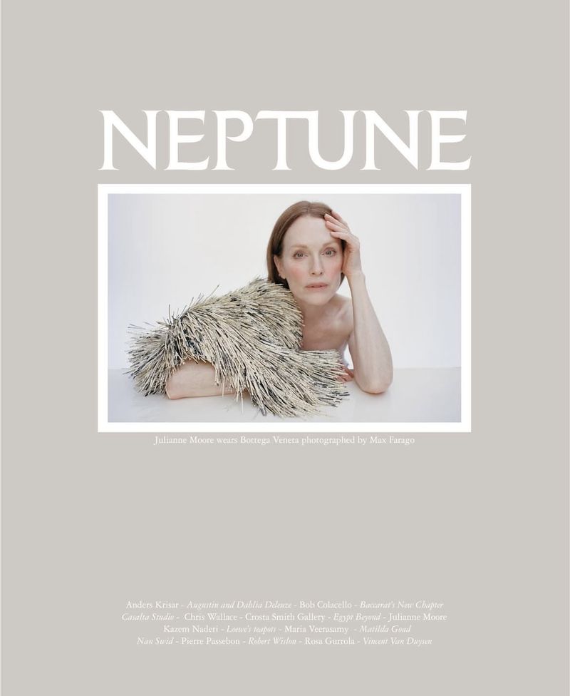Julianne Moore wears Bottega Veneta in a fashion portrait by Max Farago, set against a neutral background with white title text above.
