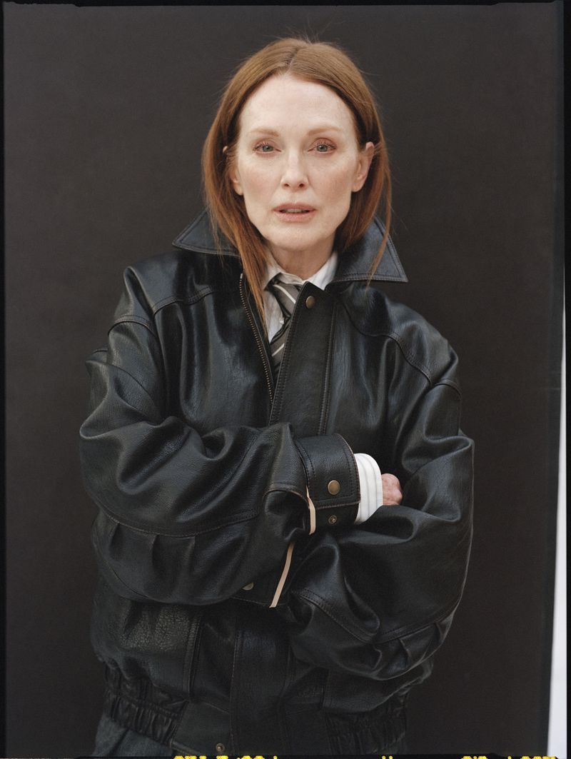 Julianne Moore wearing a black leather jacket against a dark background for Neptune Papers Issue 8
