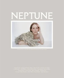 Julianne Moore posing for Neptune Papers Issue 8 cover in a textured fringed garment against a neutral background