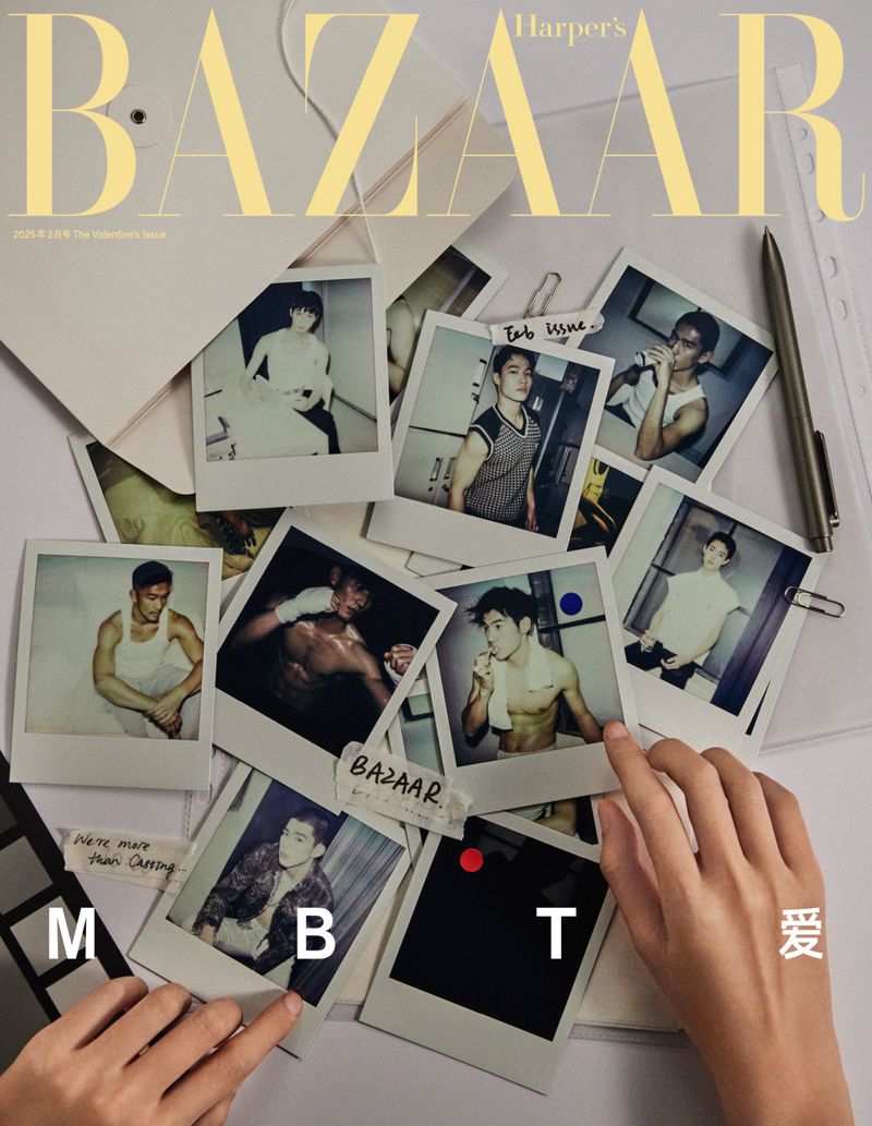 Harper's Bazaar magazine cover featuring instant photos with male subjects and hands holding a photo, artful presentation, editorial style.