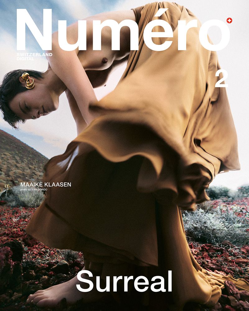 Numero magazine cover features bare-chested woman in flowing brown gown bending forward on rocky terrain, artistic fashion photography.