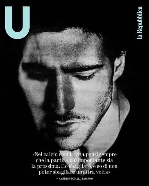 Black and white portrait of a male face in shadow. La Repubblica logo visible. Text overlays the bottom of the image.