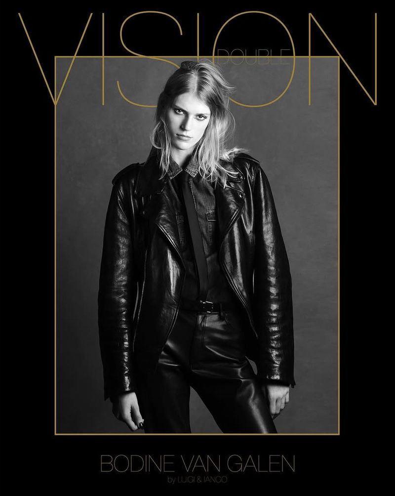 Model Bodine Van Galen wearing black leather jacket and pants in a portrait for Double Vision AW 2025 by Luigi & Iango