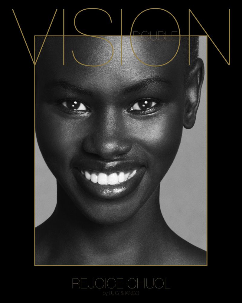 Close-up shot of Rejoice Chuol, a Black adult female, smiling with white teeth, framed by gold geometric shapes on a black background.