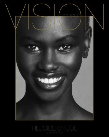 Close-up shot of Rejoice Chuol, a Black adult female, smiling with white teeth, framed by gold geometric shapes on a black background.