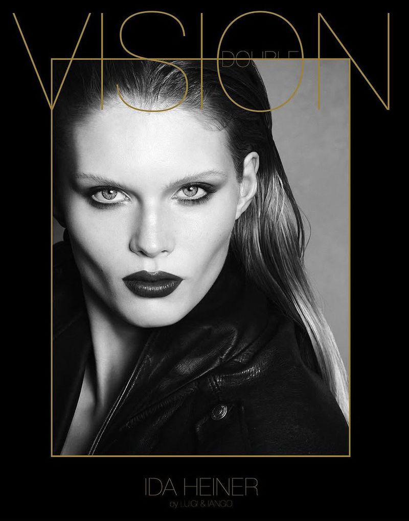 Close-up monochrome portrait of model Ida Heiner with dark lipstick and slicked hair for Double Vision A/W 2025 Covers