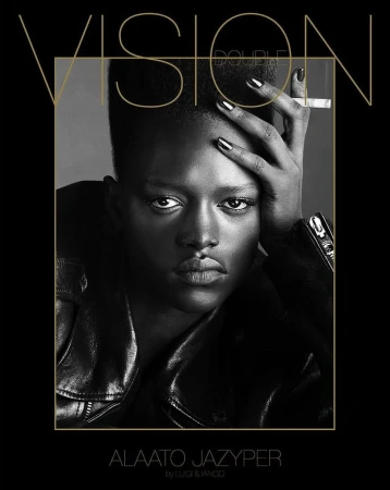 Black and white studio portrait of dark-skinned woman with high-top fade, wearing a leather jacket, holding cigarette, magazine cover art.