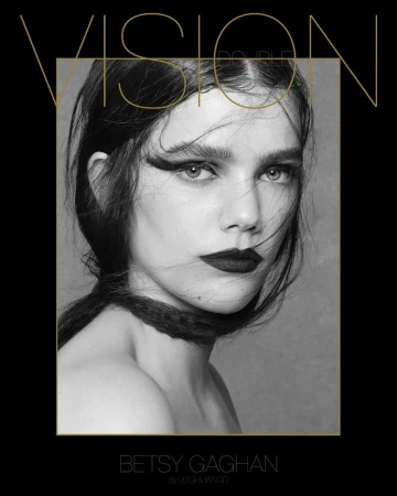 Portrait of a woman with dark hair and lipstick against a black and grey background with gold text overlaying her face and shoulders.