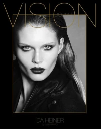 Close-up monochrome portrait of model Ida Heiner with dark lipstick and slicked hair for Double Vision A/W 2025 Covers