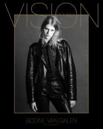 Model Bodine Van Galen wearing black leather jacket and pants in a portrait for Double Vision AW 2025 by Luigi & Iango