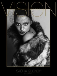Model wearing a feathered fur collar and black cap with veil netting in a striking black and white portrait.