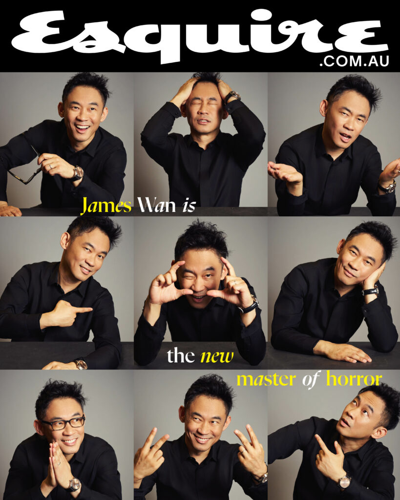 James Wan poses in a 3x3 grid of headshots on the cover of Esquire. He is wearing a black shirt and various facial expressions.