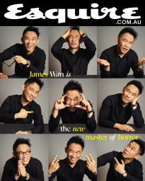 A multi-panel composite portrait of filmmaker James Wan posing with various expressive facial expressions against a grey backdrop