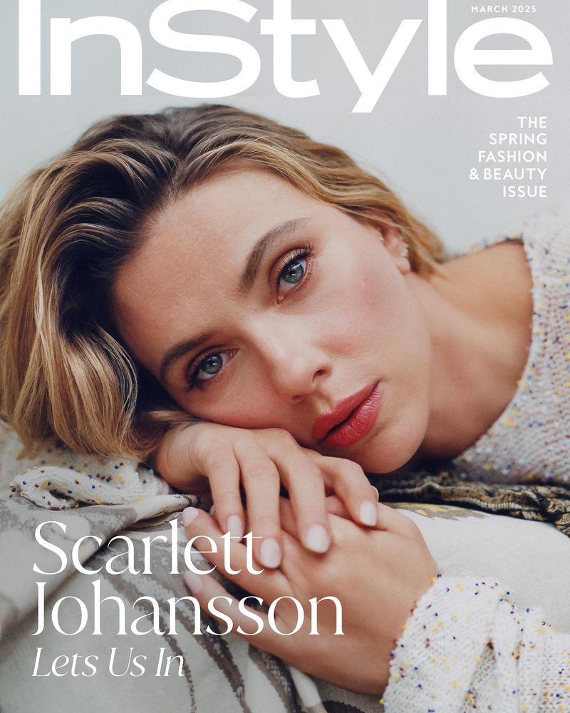 Close-up fashion cover of Scarlett Johansson with soft lighting, wearing a patterned sweater, promoting InStyle's Spring Fashion & Beauty Issue.