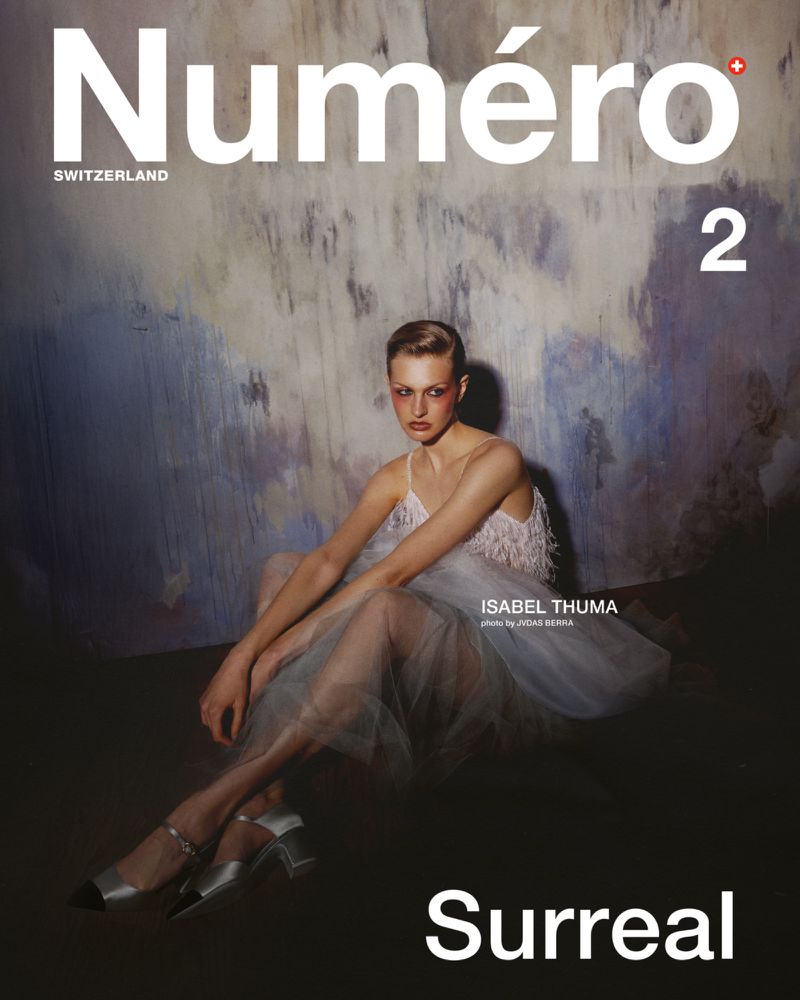 Magazine cover featuring a model in a light pink dress and silver heels, seated against a painterly backdrop, and the 'Numero' magazine logo.