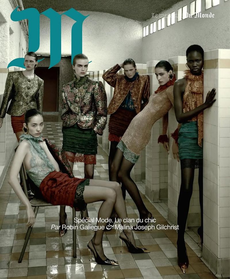 Fashion magazine cover featuring six slender women in vintage-style patterned jackets and dresses, posing in a tiled hallway.