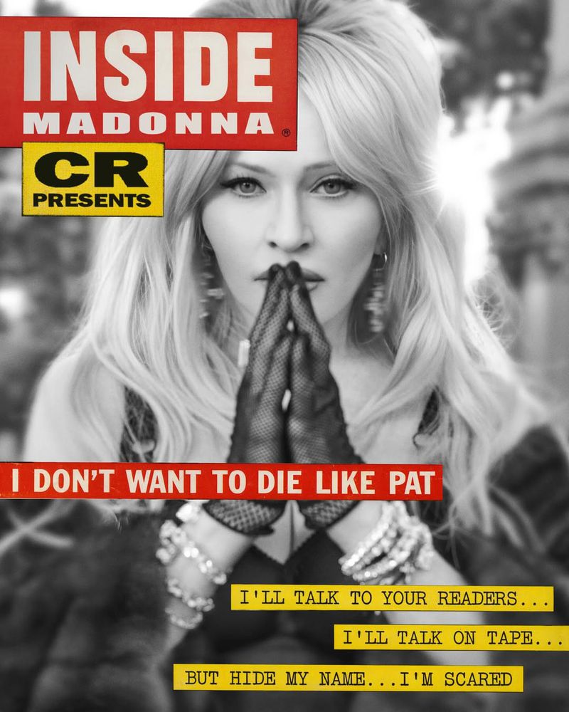 Black and white portrait of an adult woman on a magazine cover with red, black, and yellow text; she wears dark gloves and silver bracelets.