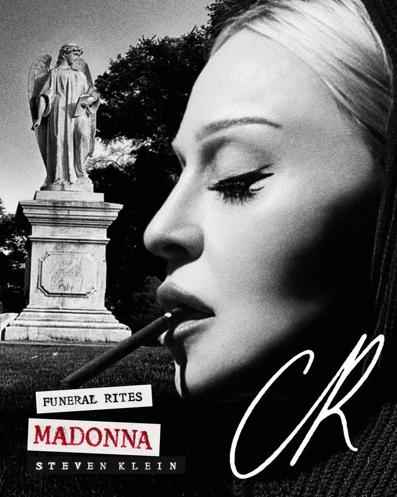Black and white album cover featuring Madonna in profile with a cigarette, against a backdrop of a cemetery statue.