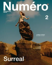 Model standing on a rock formation against a blue sky with clouds, wearing a halter top and a voluminous brown skirt