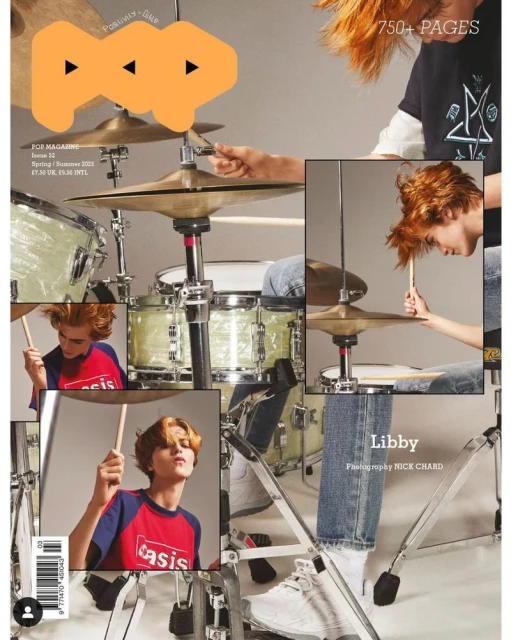 Magazine cover featuring a young male drummer playing drums, with a collage of drum kit components and close-up portraits of the musician.