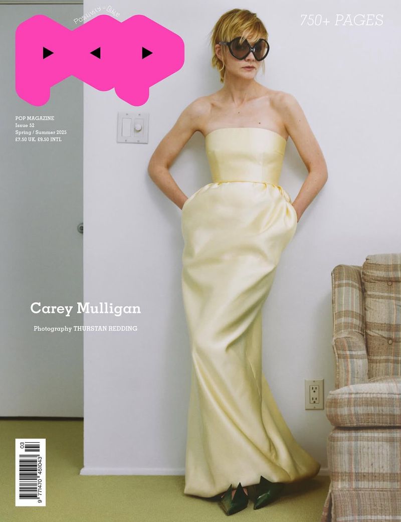 Pop Magazine cover featuring Carey Mulligan in a yellow strapless gown and large sunglasses, posing in a studio with a green floor.