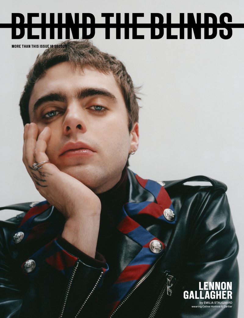 Portrait of Lennon Gallagher wearing a black leather jacket against a light background for Behind the Blinds magazine