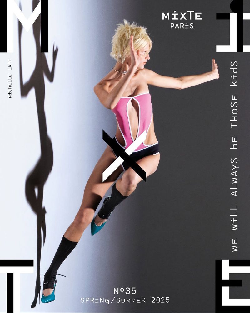 Editorial fashion shot of a woman in a pink bathing suit and black socks, with graphic text elements on a gray-and-white background.