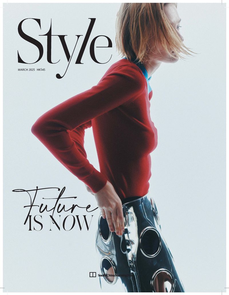 Magazine cover featuring a female fashion model in a red top and futuristic silver skirt, with "Style" and "Future is Now" text overlays.