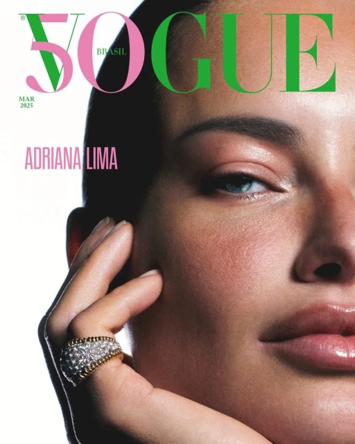 Close-up of Adriana Lima on Vogue Brasil cover, March 2025 issue. Features partial face, ring, and Vogue logo in green and pink.