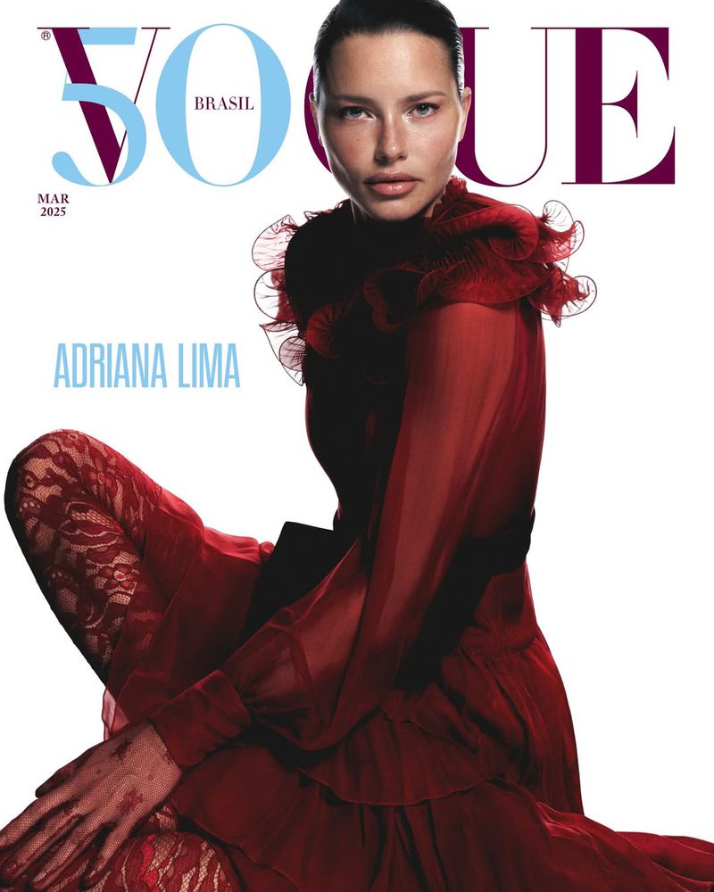 Vogue Brasil cover featuring Adriana Lima in a red dress. Portrait with the magazine's name in the upper left and date.