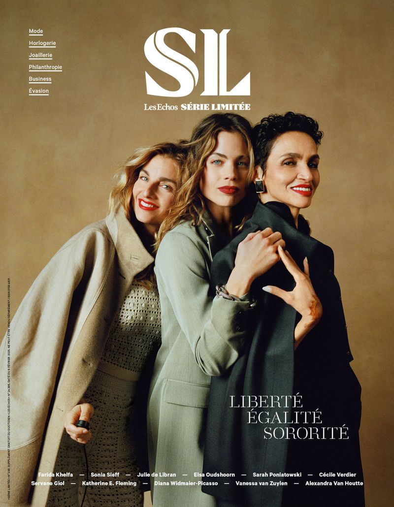 Magazine cover featuring three women in neutral-toned jackets, a black jacket, and the text 'Liberté, Égalité, Sororité' on a tan background.