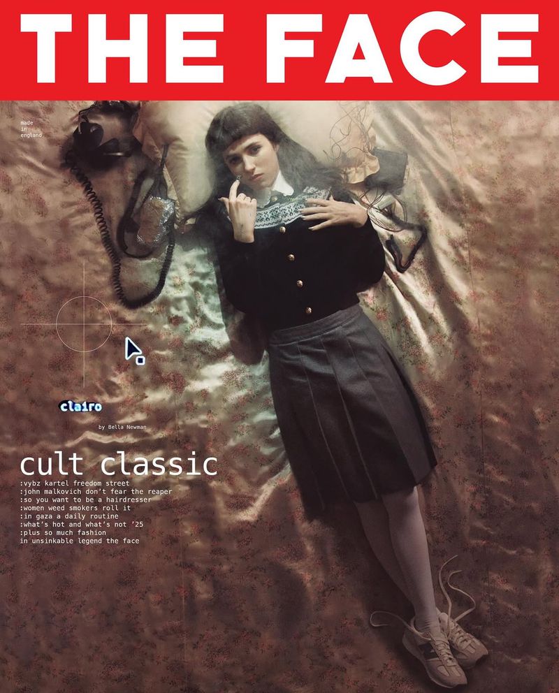 Magazine cover featuring a young woman in preppy attire lying on a floral bedspread next to retro phone with the headline 'The Face'.