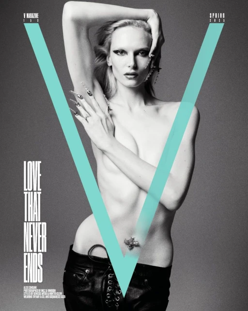 Monochrome fashion magazine cover featuring a fair-skinned woman with unique makeup and long nails, wearing dark pants.