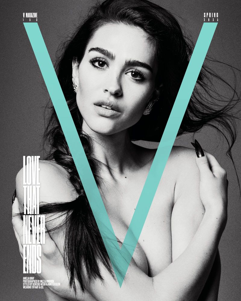 V Magazine cover featuring a topless woman with long dark hair in a side braid, posing against a grey background with a teal 'V' logo.