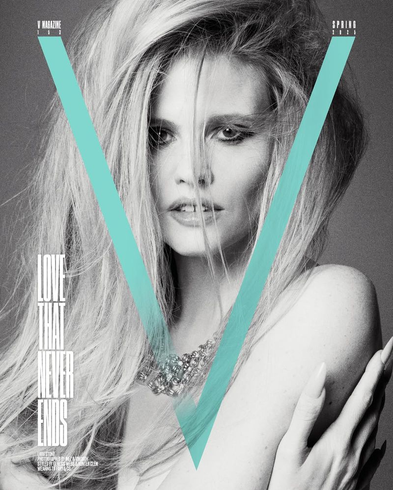 Lara Stone portrait on a grey seamless background for V Magazine 153 Spring 2025 covers, photographed in black and white.
