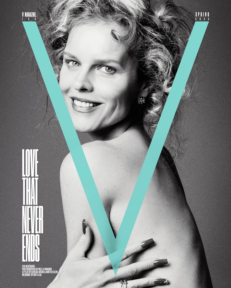 V Magazine cover featuring model Kim Basinger with fair skin, light blonde curly hair, and a turquoise V logo overlay.