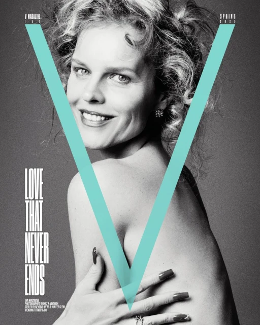 V Magazine cover featuring model Kim Basinger with fair skin, light blonde curly hair, and a turquoise V logo overlay.