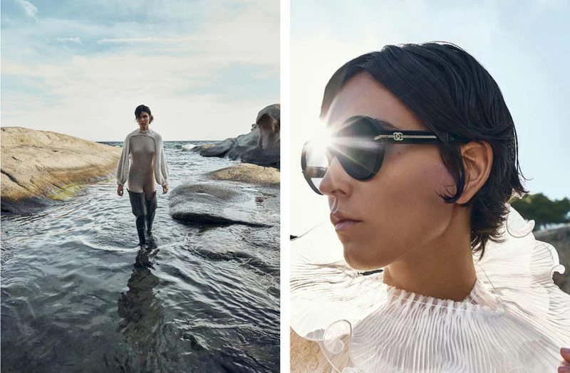 A split image shows a woman in a beige dress walking on rocks and water on the left, and a close-up of her face with sunglasses on the right.