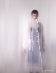 Model Pati Bogusz standing behind a frosted translucent layer in a sheer trench coat with white piping.