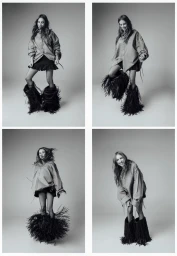 Four-panel black and white portrait of actress Emma Roberts posing in an oversized shirt and fringed boots against a neutral backdrop.